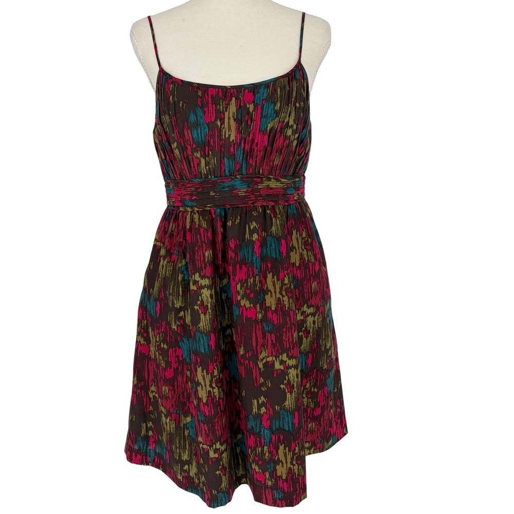 Y2K Silk Blend Mini Sun Dress 6 Abstract Ikat Print Boho Indie Sleaze Pink Brown
